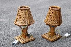 Paire de lampes de table en bambou et paille Italie années 1960