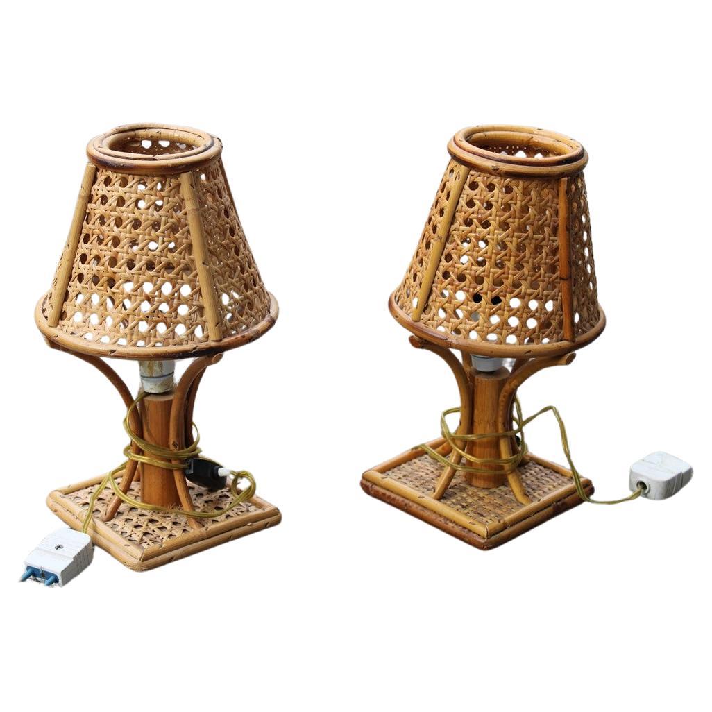 Pair of Bamboo and Straw Table Lamps Italy 1960s  For Sale