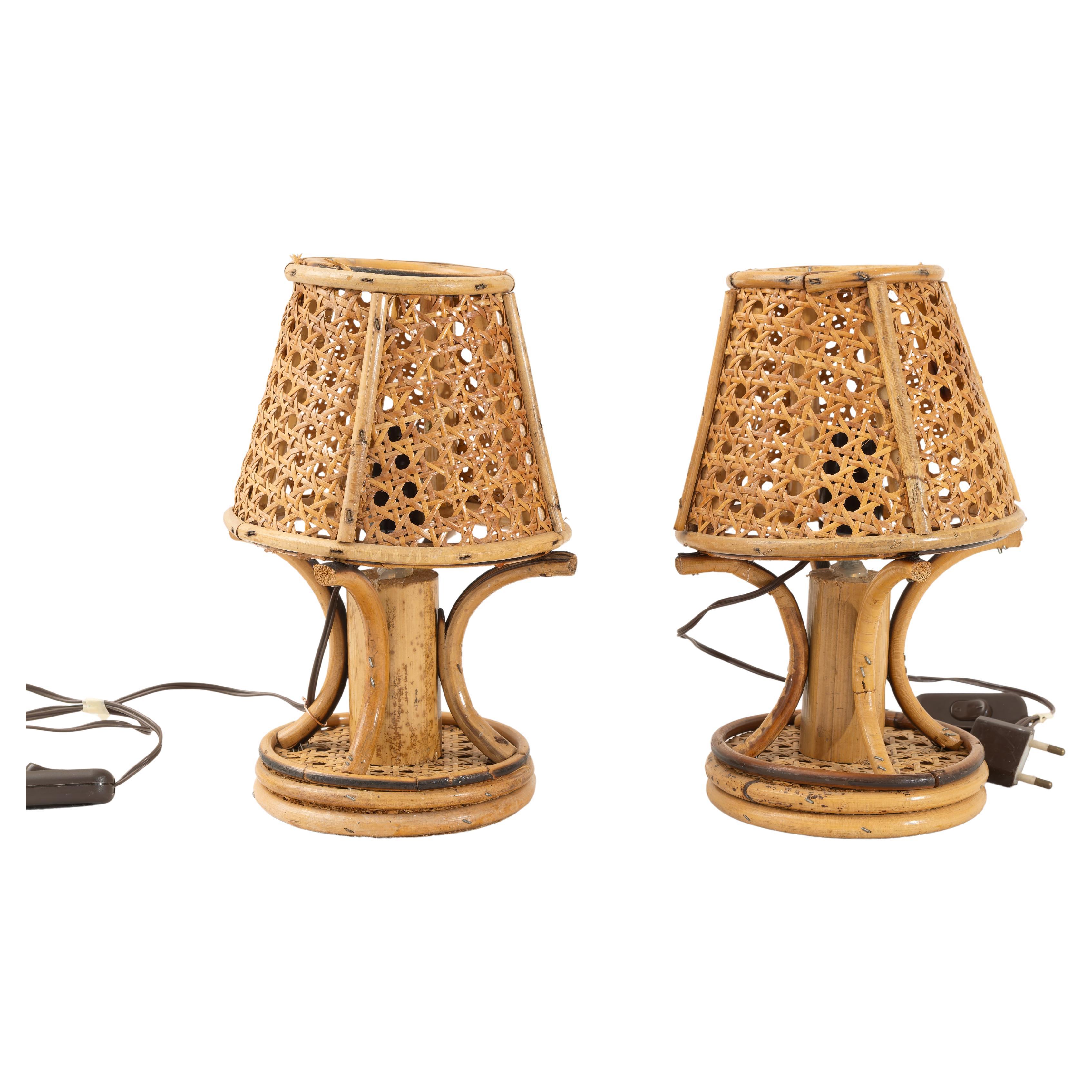 Paire de lampes de table en bambou, rotin et paille de Vienne, années 1960