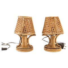 Paire de lampes de table en bambou, rotin et paille de Vienne, années 1960