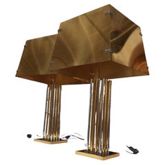 Pair of brass and chrome-plated brass table lamps, Italy 1970s