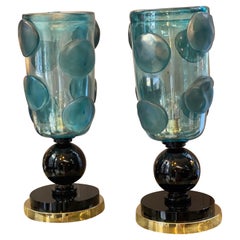 Coppia di Lampade da Tavolo in Vetro di Murano Turchese con base nera, 1980