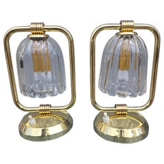 Pair of Italian Brass and Murano Glass 1940s Art Deco Table Lamps
