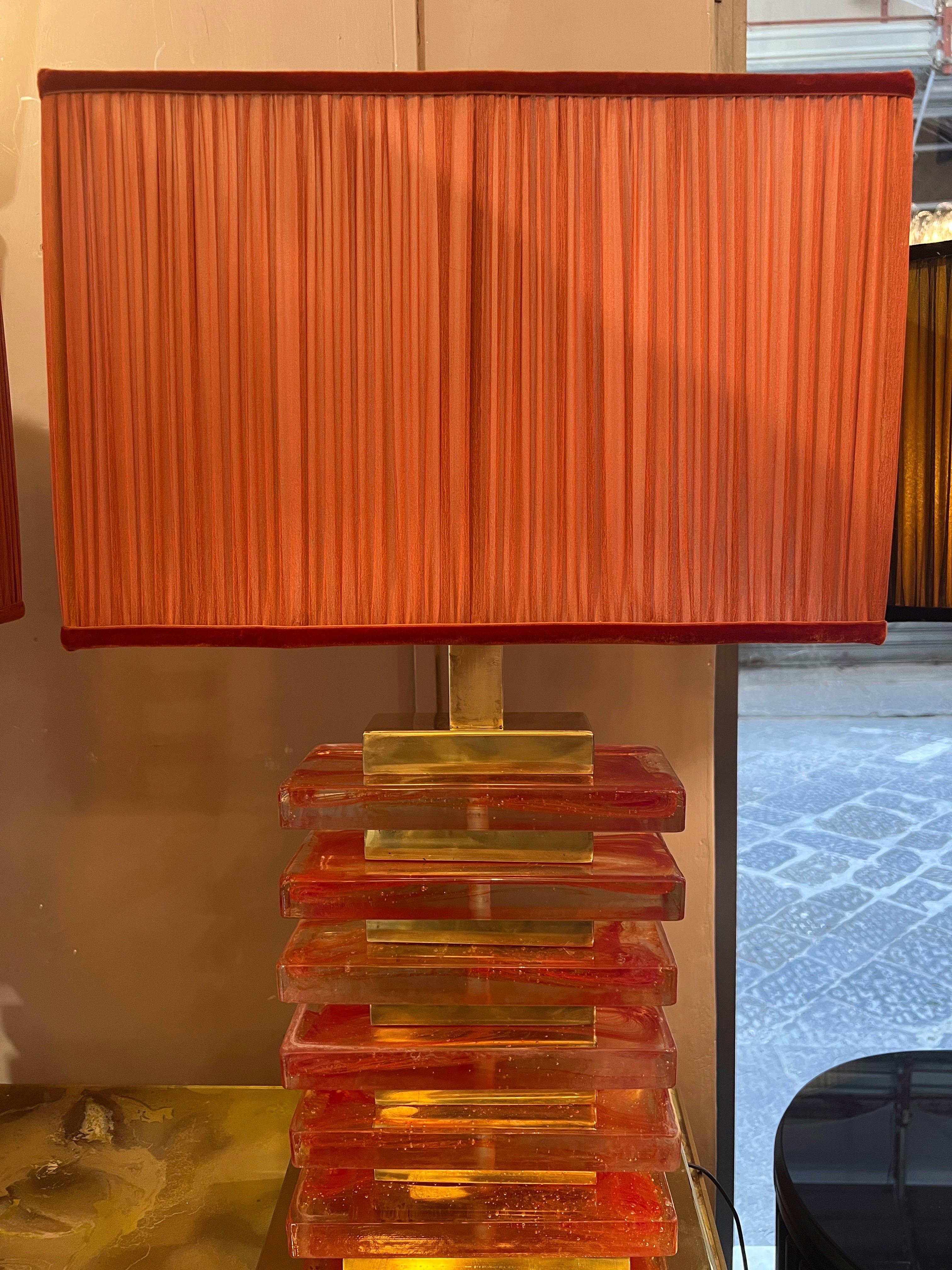 Coppia di lampade in vetro di Murano arancio con nostri paralumi, 1970 For Sale 9