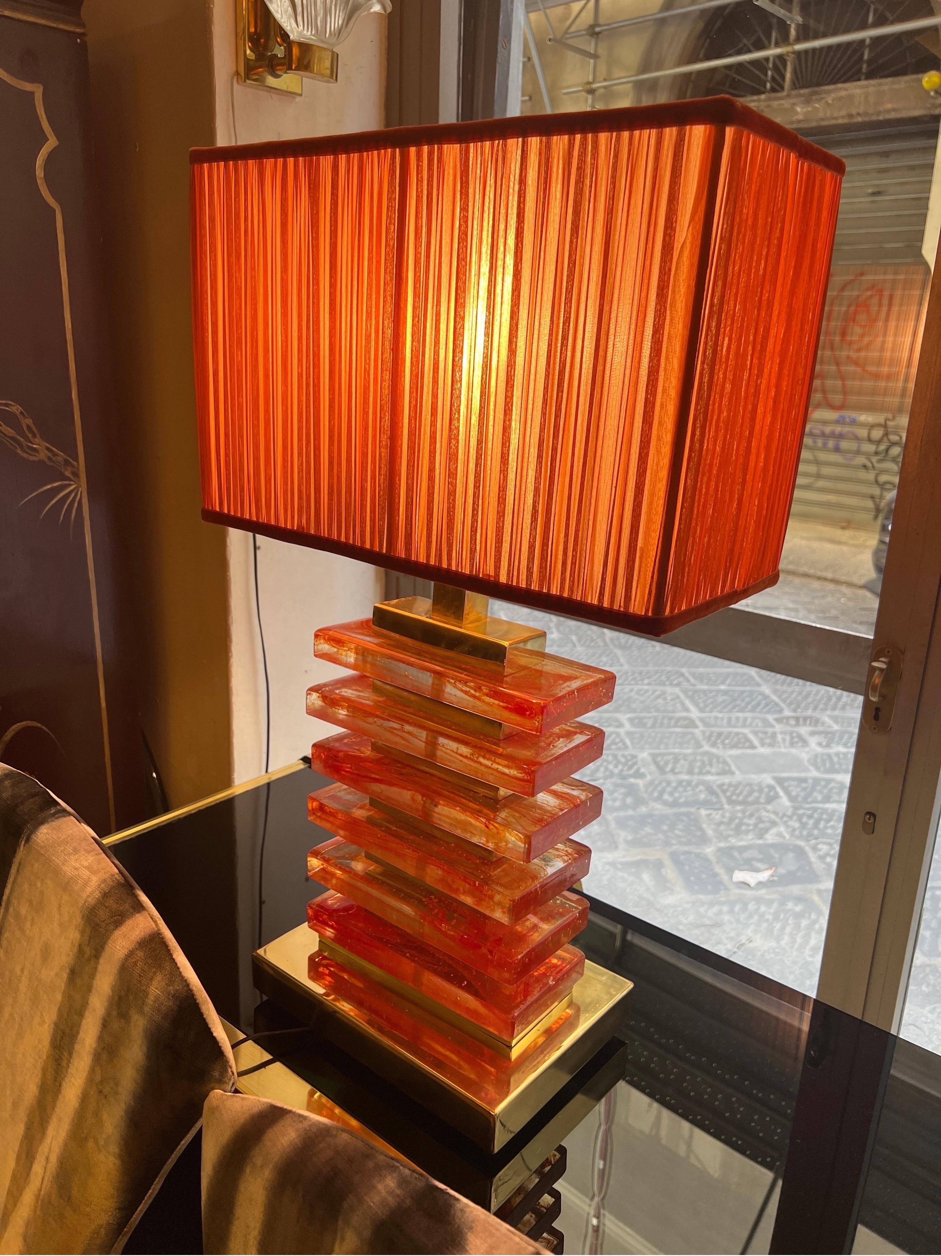 Coppia di lampade in vetro di Murano arancio con nostri paralumi, 1970 In Excellent Condition For Sale In Florence, IT