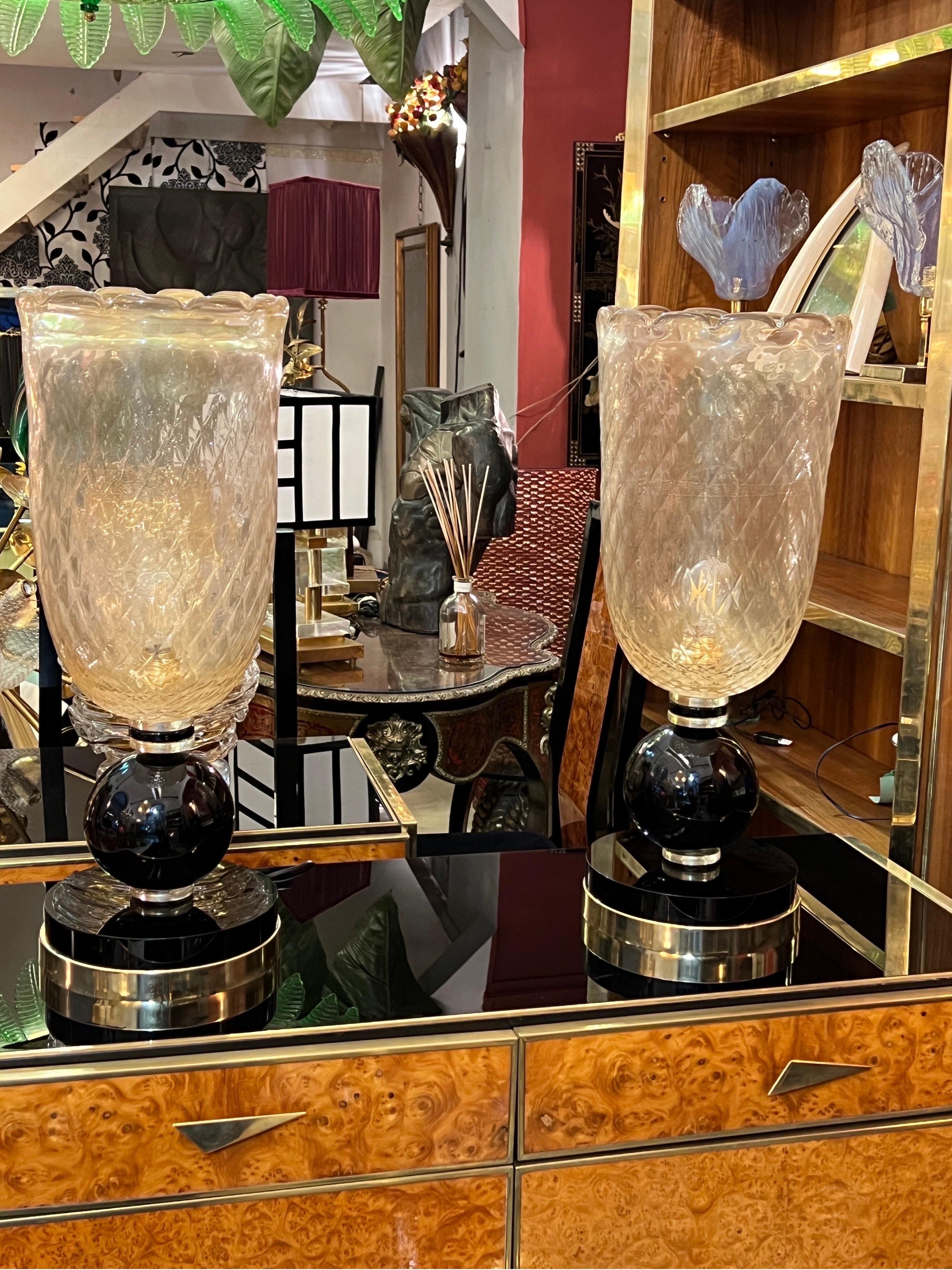 Coppia di lampade in vetro di Murano oro con base nera, 1940 7
