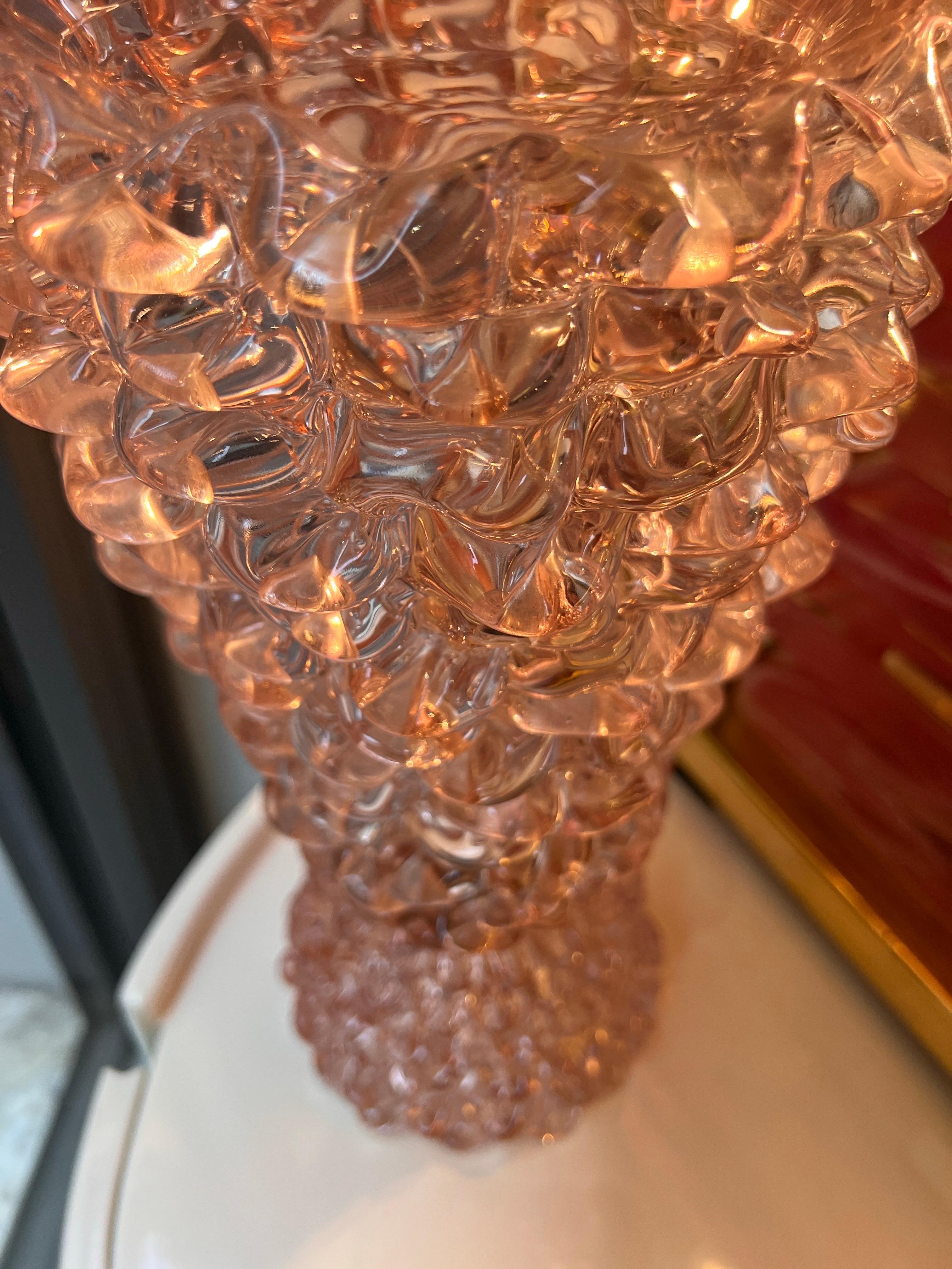Coppia di Lampade in Vetro di Murano Rostrato Rosa Stile Barovier 1970 For Sale 8
