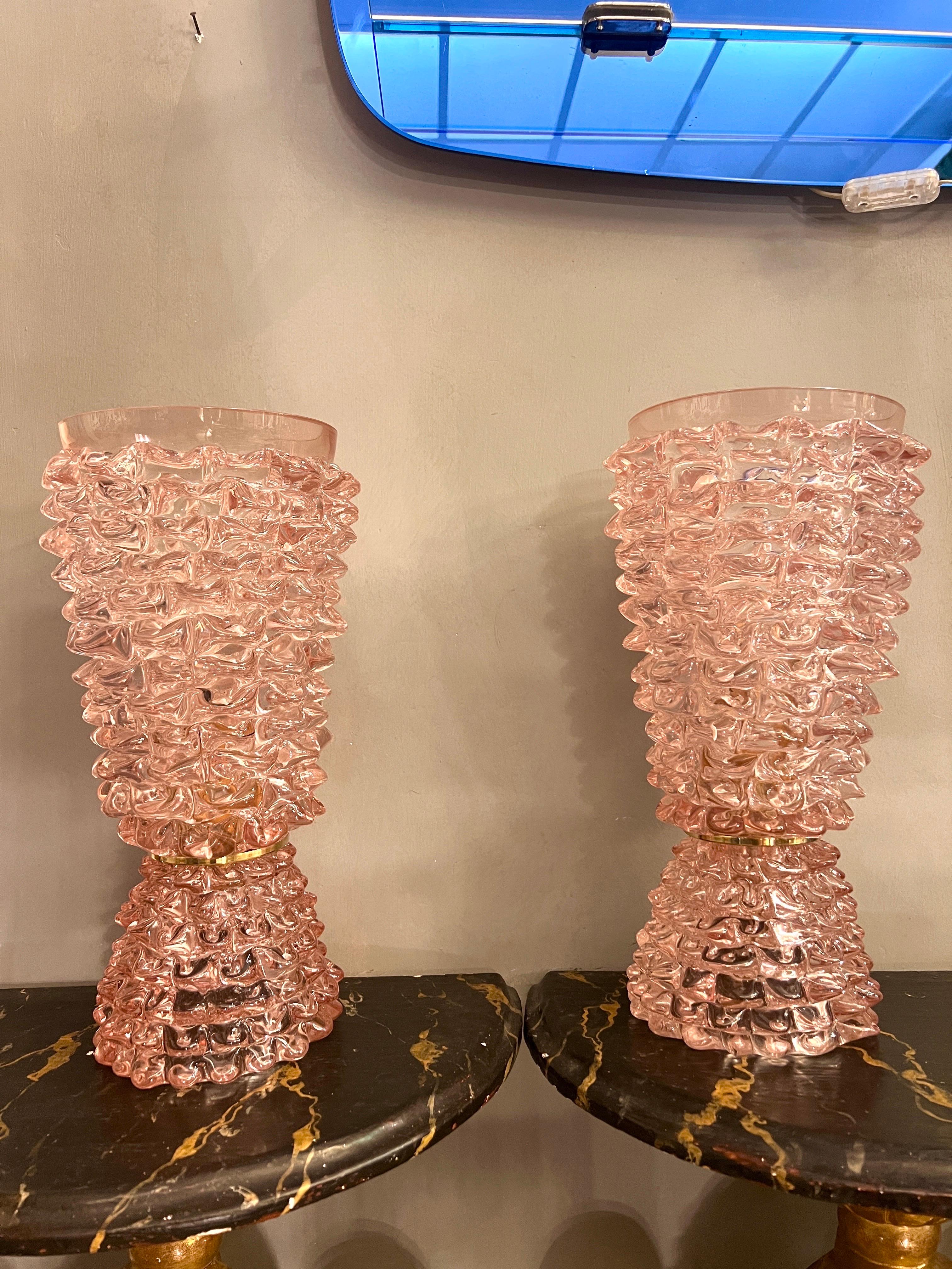 Coppia di Lampade in Vetro di Murano Rostrato Rosa Stile Barovier 1970 For Sale 9