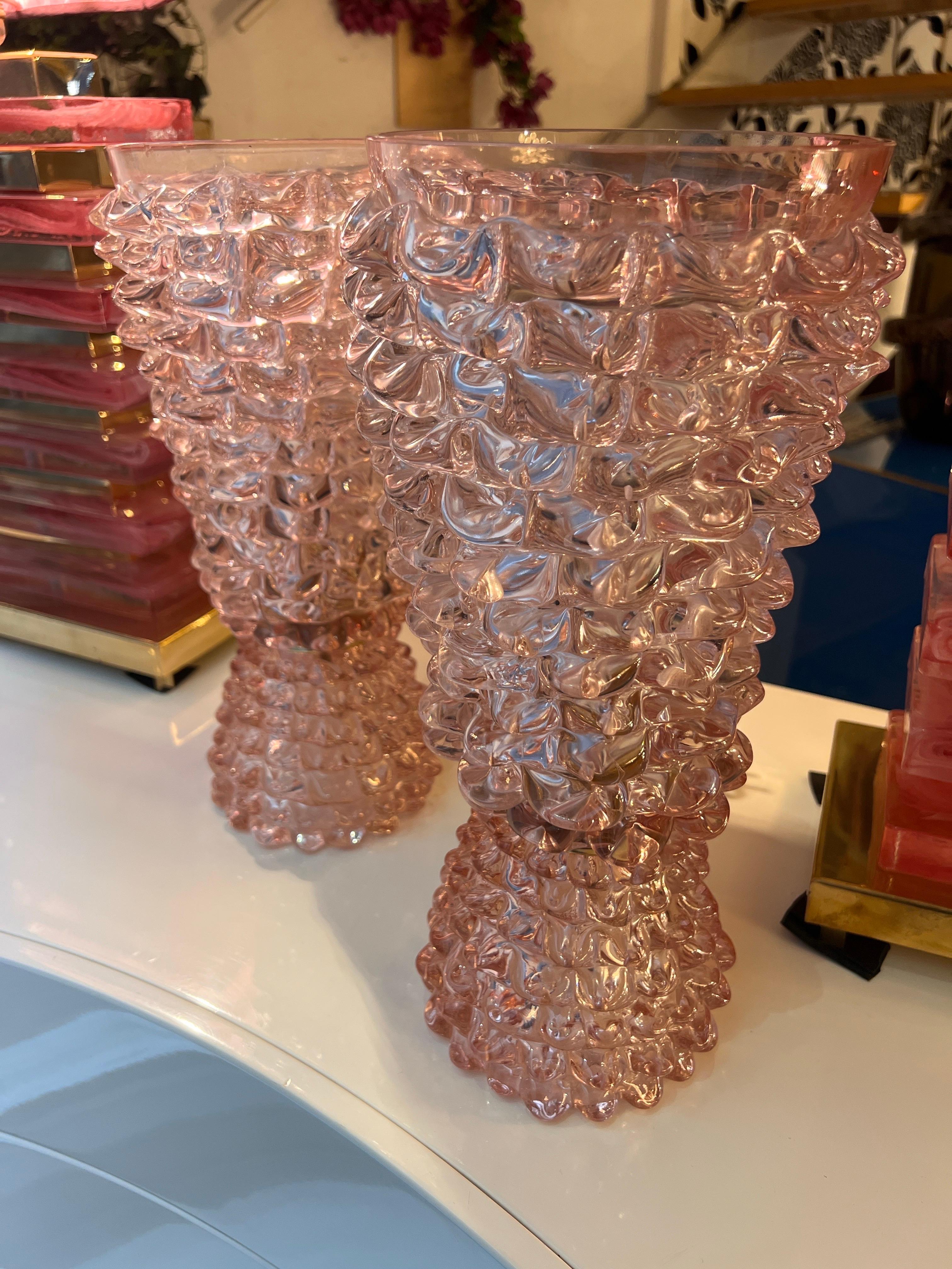 Coppia di Lampade in Vetro di Murano Rostrato Rosa Stile Barovier 1970 For Sale 10