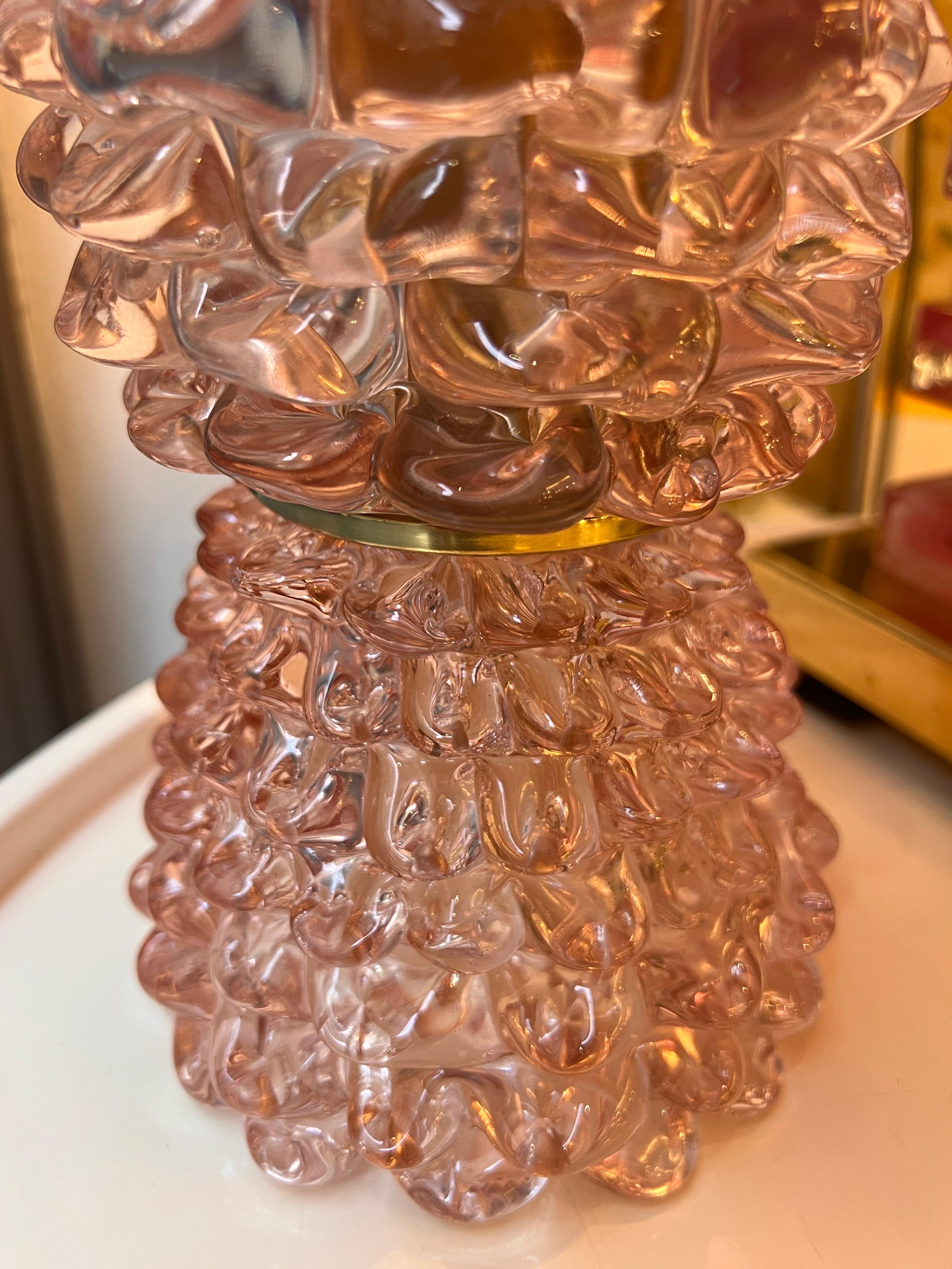 Italian Coppia di Lampade in Vetro di Murano Rostrato Rosa Stile Barovier 1970 For Sale