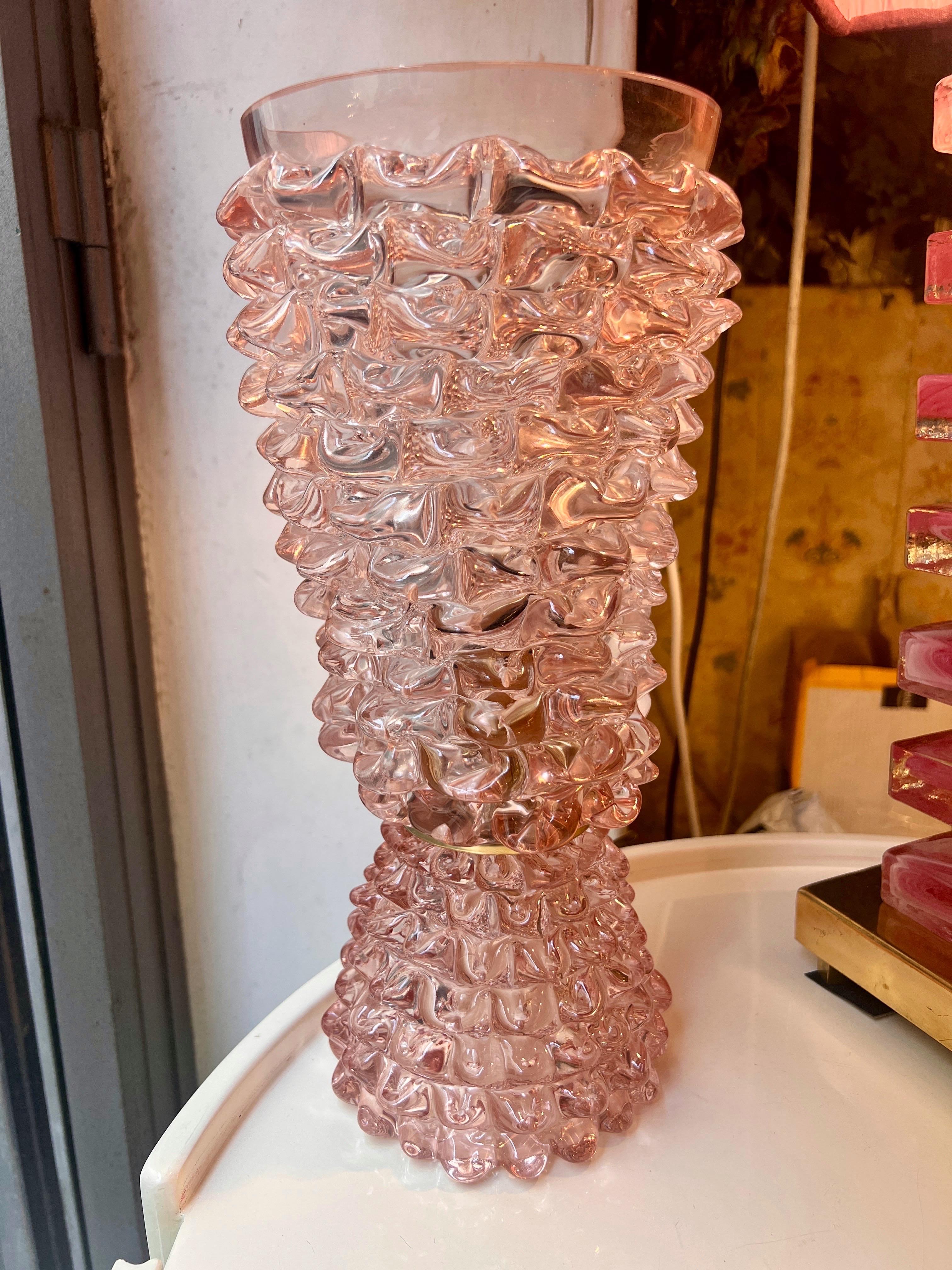 20th Century Coppia di Lampade in Vetro di Murano Rostrato Rosa Stile Barovier 1970 For Sale