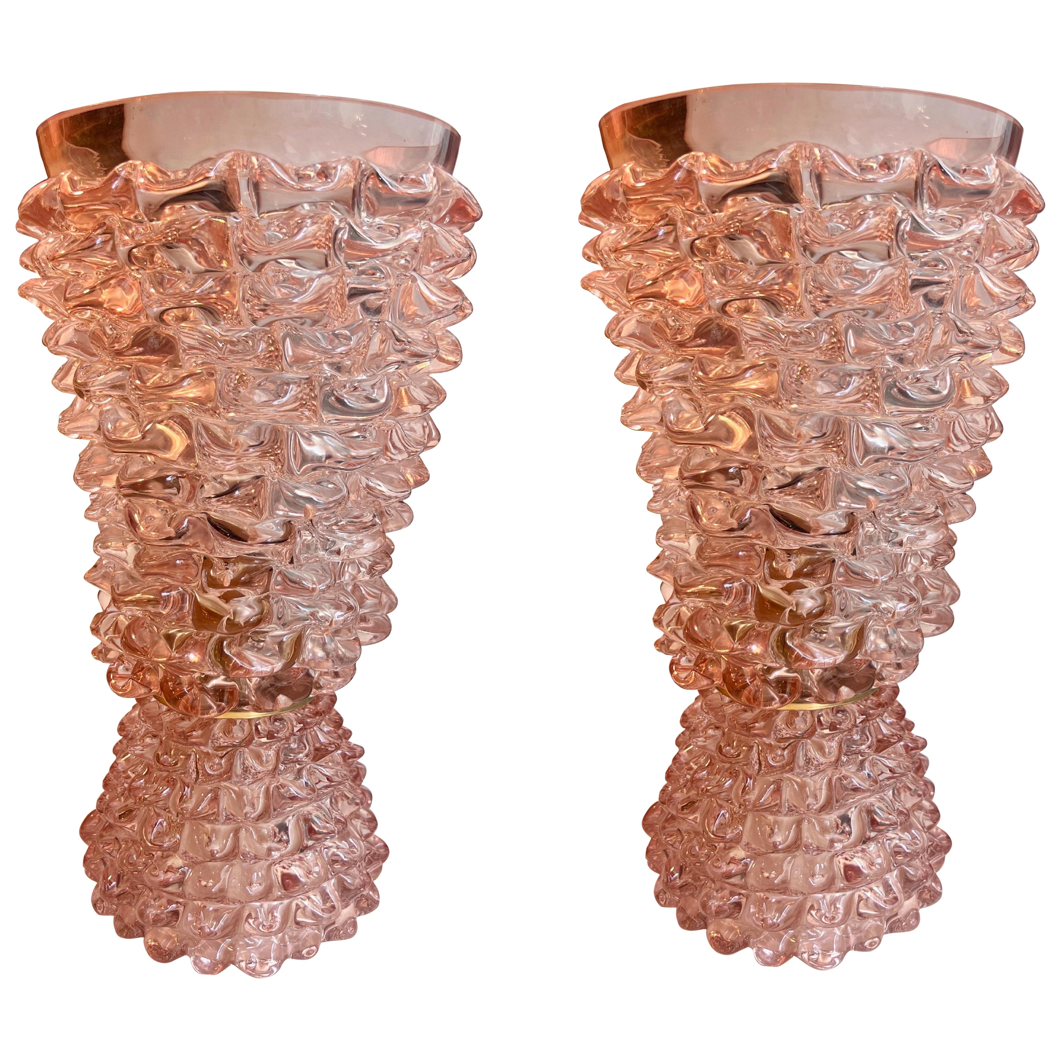 Coppia di Lampade in Vetro di Murano Rostrato Rosa Stile Barovier 1970 For Sale