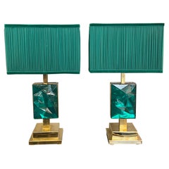 Coppia di Lampade in Vetro di Murano Verde Smeraldo Effetto Diamante, 1980