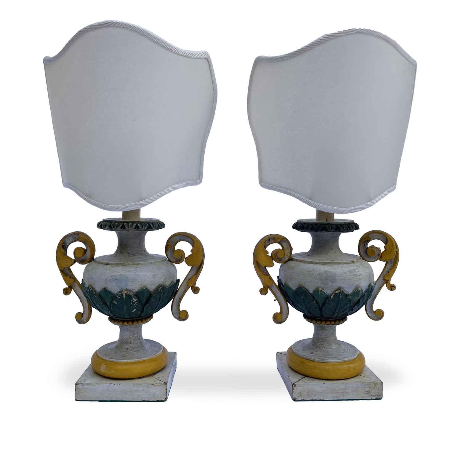 19th Century Pair Of Italian Lamps 1800 Lacquered in Grey Green and Ochre Shield Fan For Sale