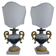 Used Pair Of Italian Lamps 1800 Lacquered in Grey Green and Ochre Shield Fan
