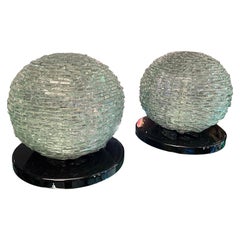 Coppia di Lampade Sferiche in Vetro di Murano Acquamarina e base in plexiglass