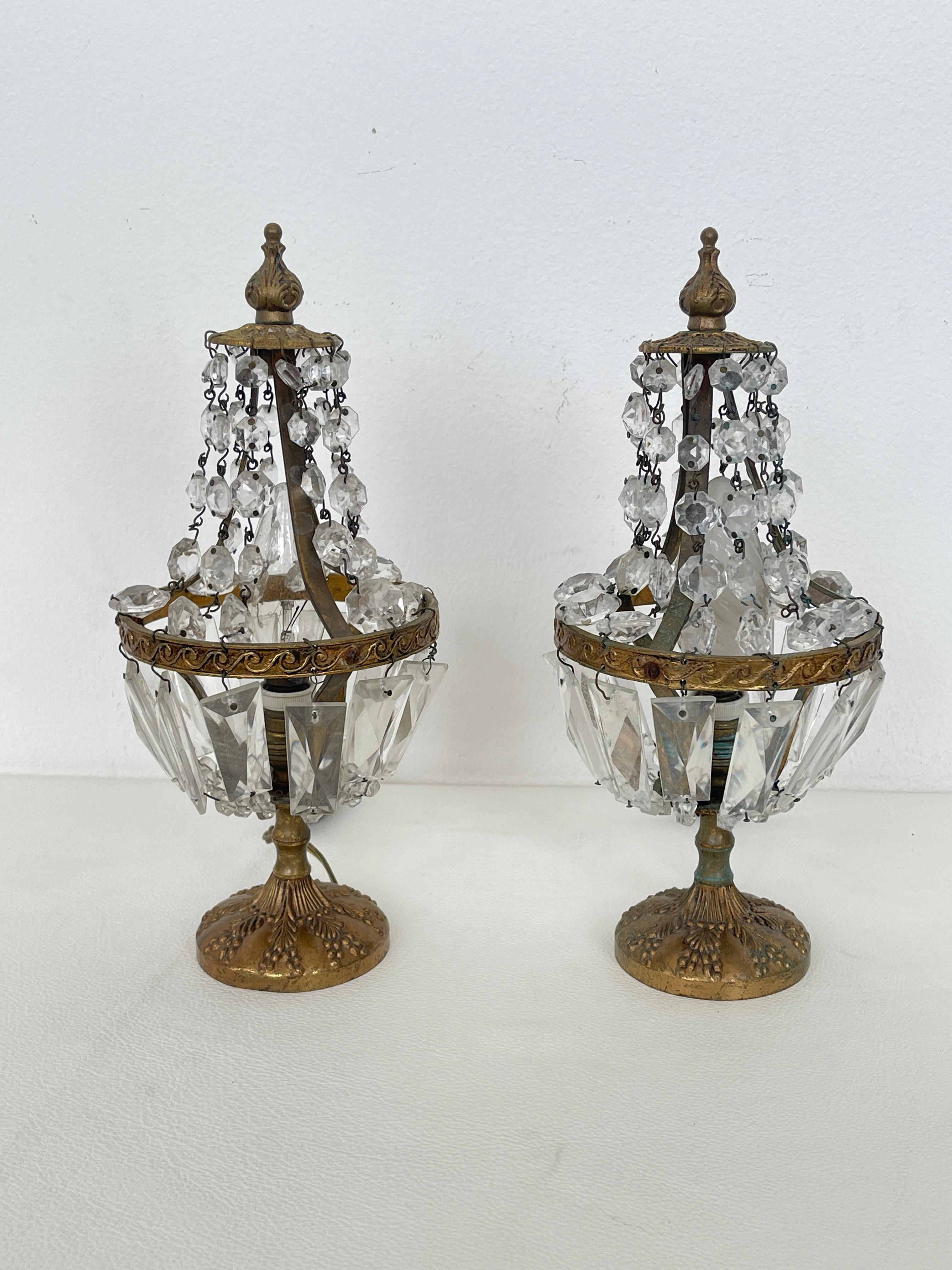 Fait main Paire de lampes vintage avec cristaux - Golden Elegance en vente