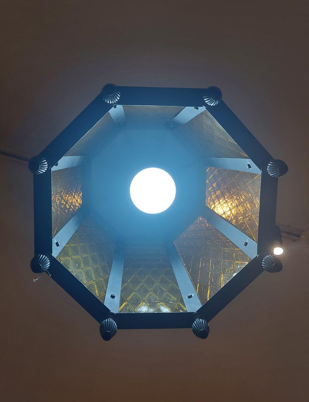 Mid-20th Century Pair of cylindrical faceted iron and glass lanterns, 1940s For Sale