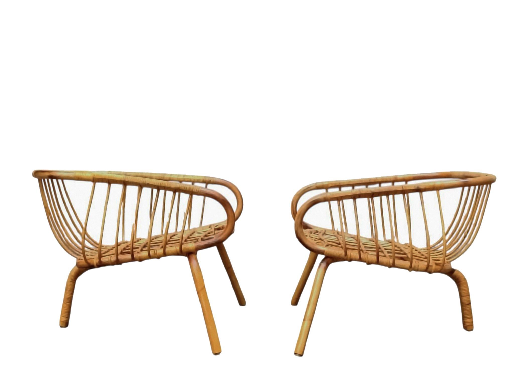 Coppia di Larghe Poltrone in Bambu' e Rattan, Italia 1960s In condizioni buone in vendita a Naples, IT