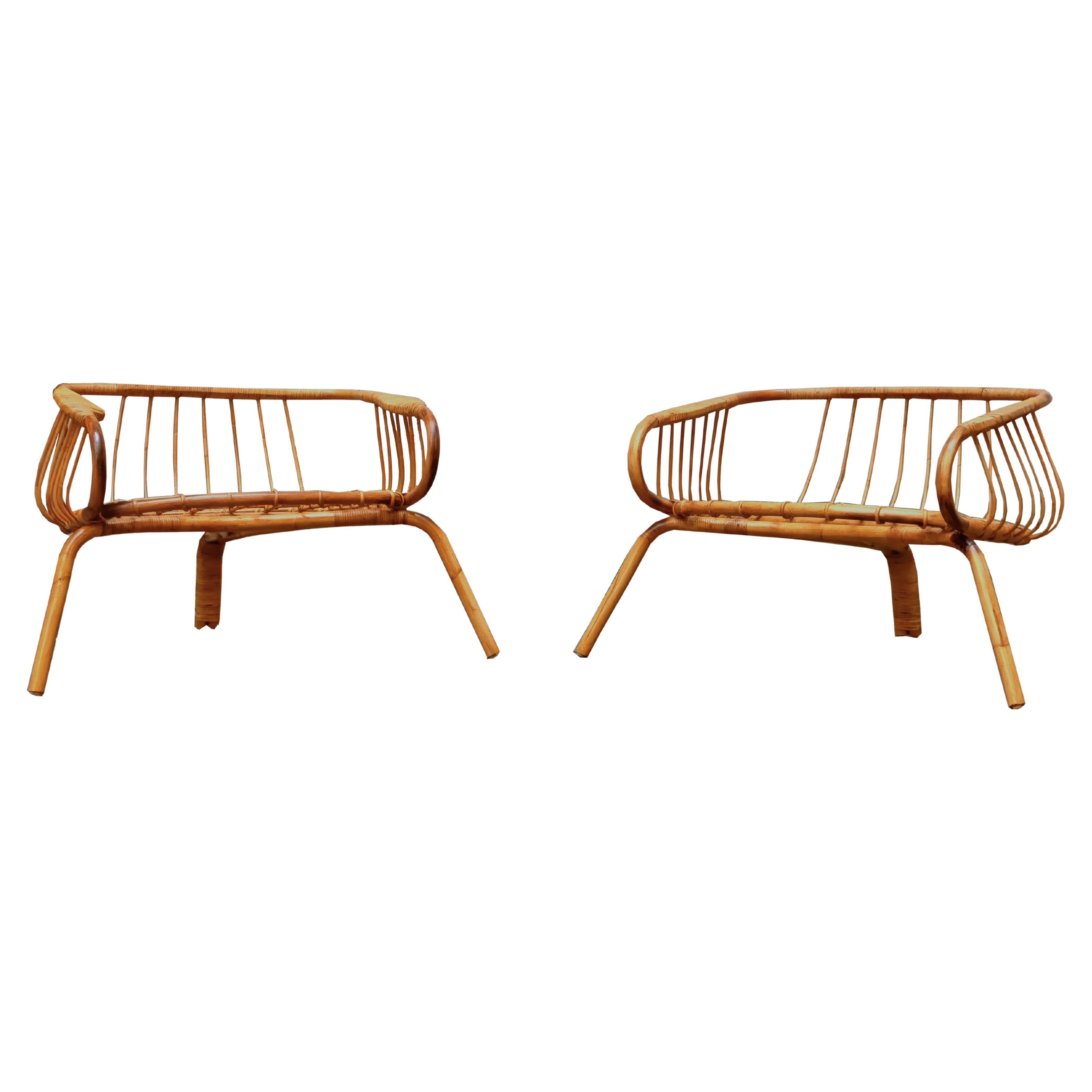 Coppia di Larghe Poltrone in Bambu' e Rattan, Italia 1960s