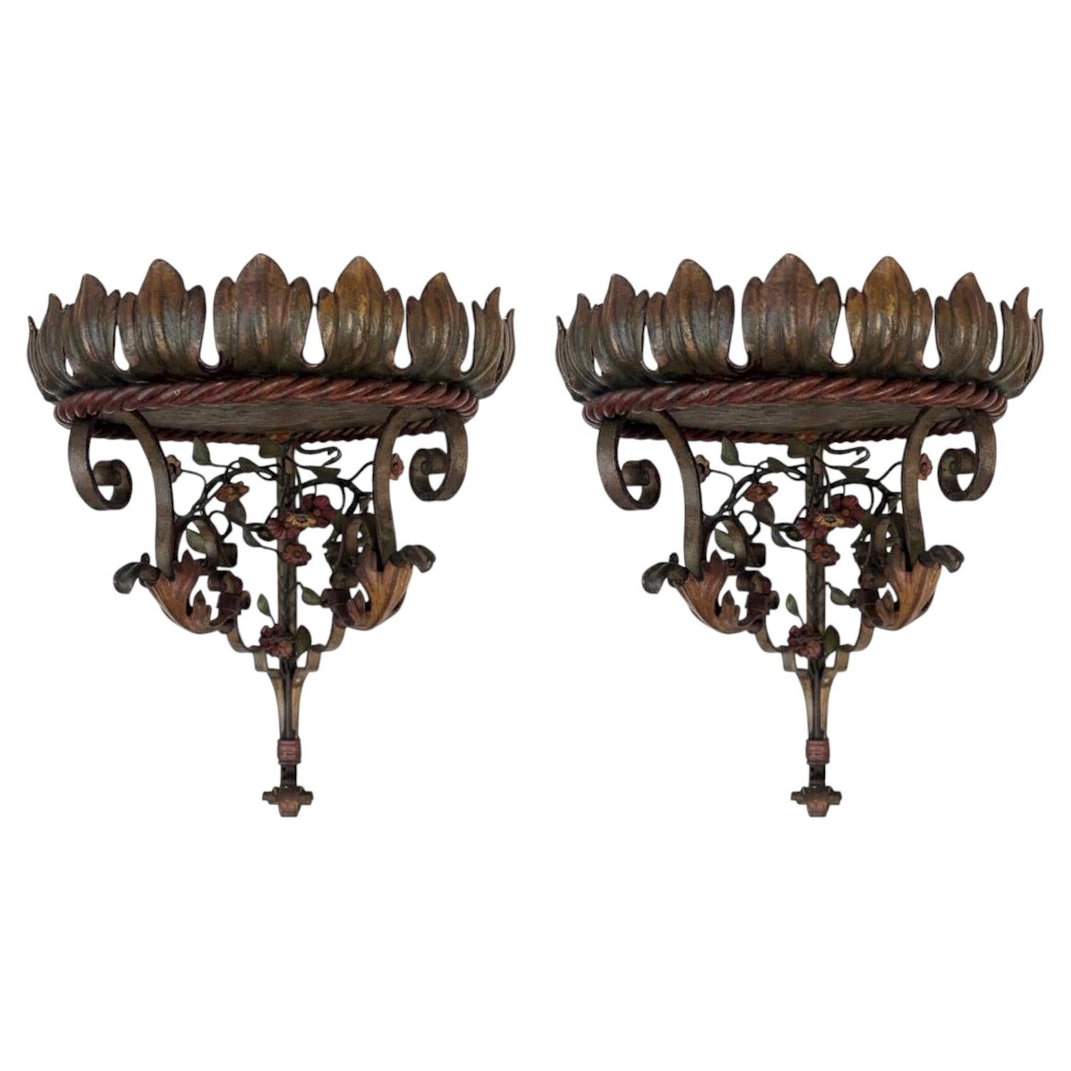 Pair Of Wrought Iron Corner Shelves, Art Nouveau, Circa 1910 Italian