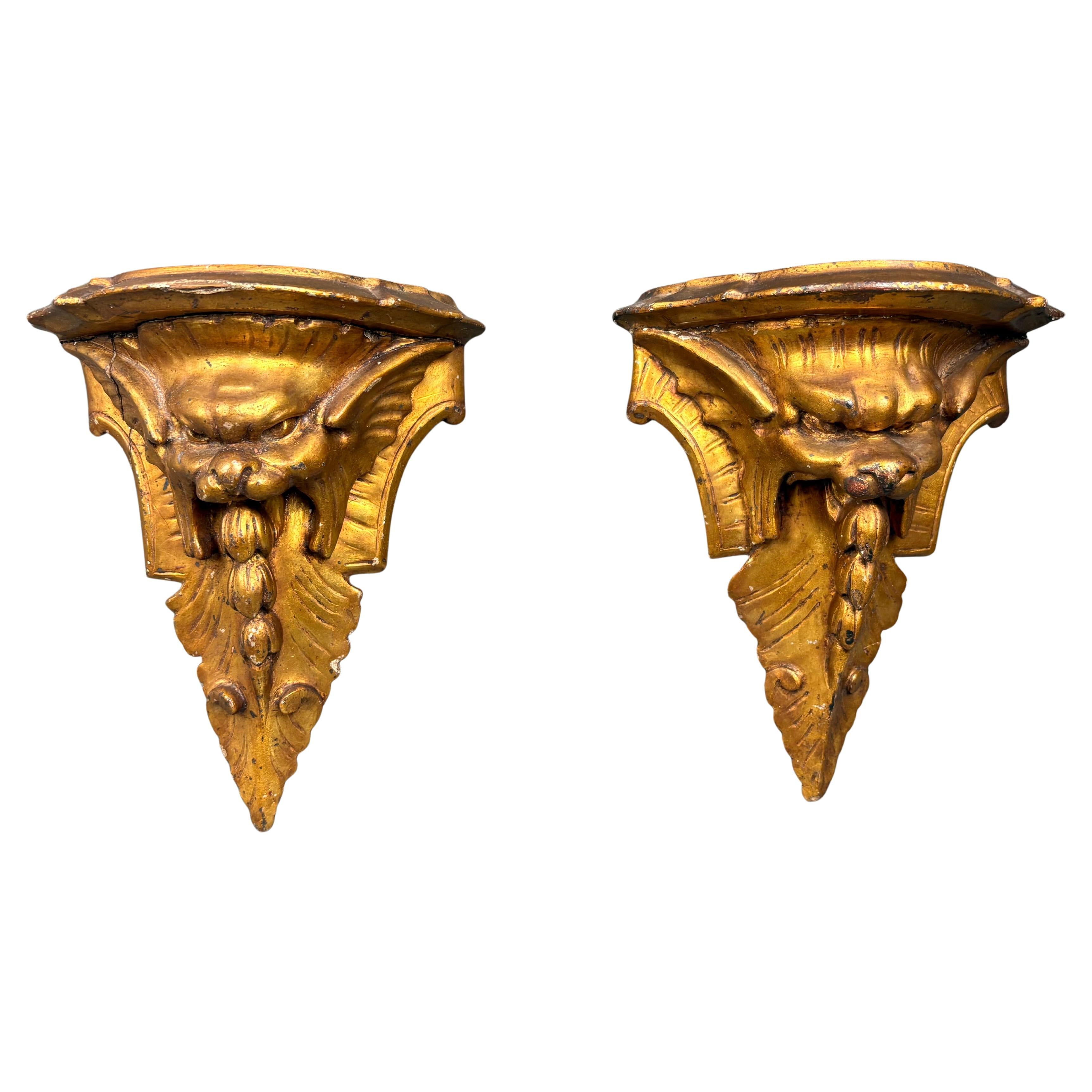 Pair of Gilded Wood Brackets in Renaissance Grotesque Masks For Sale
