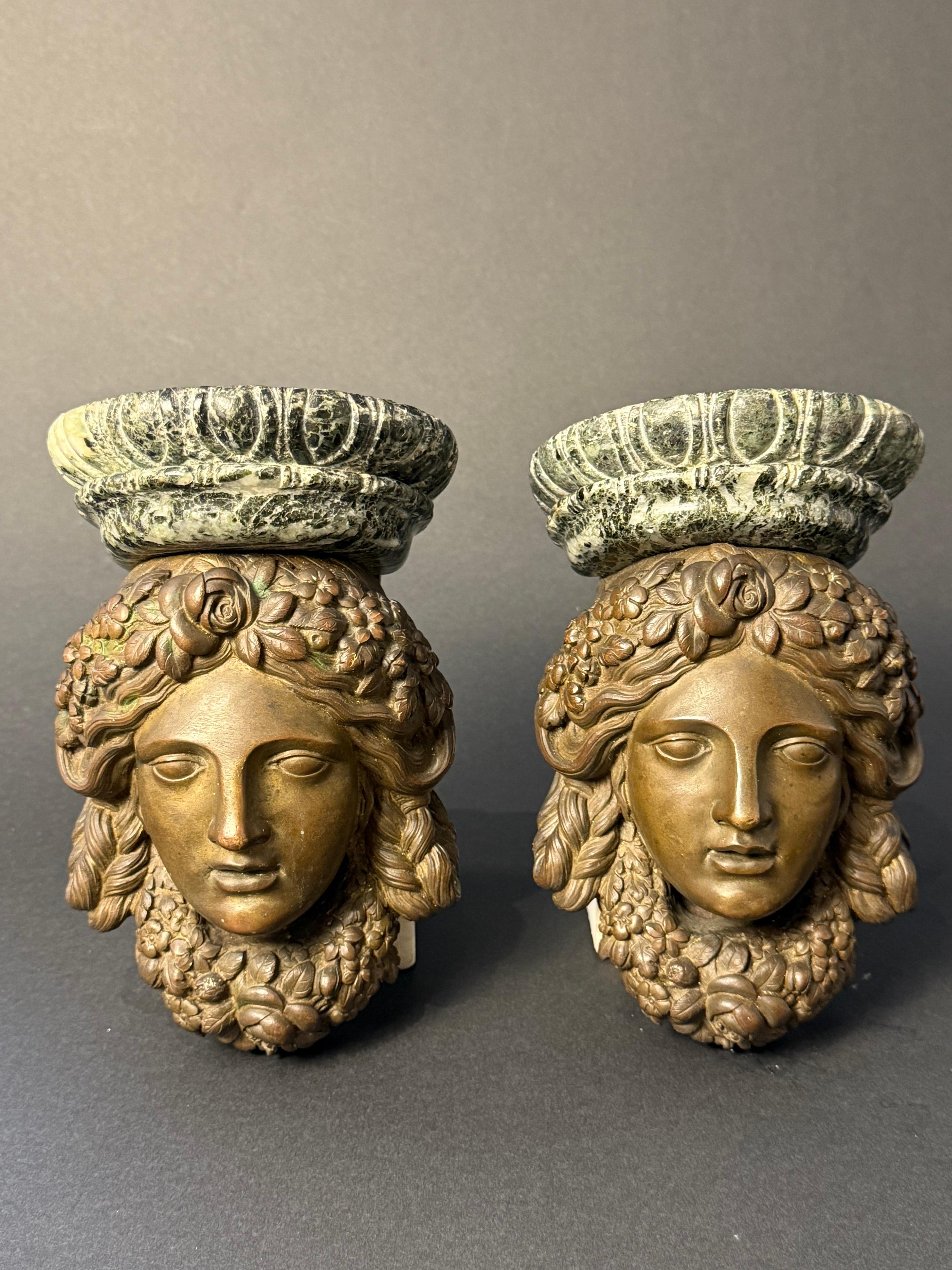 Coppia di mensoline decorative in bronzo e marmo Verde Alpi - XIX sec. in vendita 4