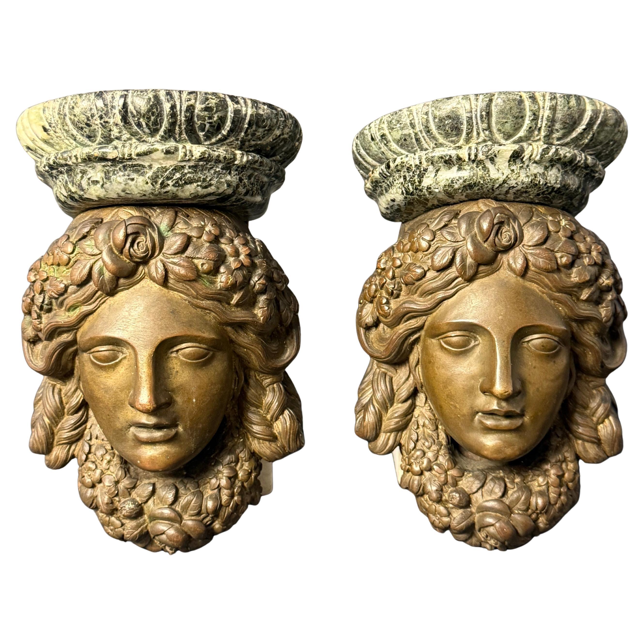 Coppia di mensoline decorative in bronzo e marmo Verde Alpi - XIX sec. in vendita