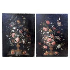 Coppia di Nature morte di FIori Frutta e Uccelli Due Dipinti Italiani 1650 circa