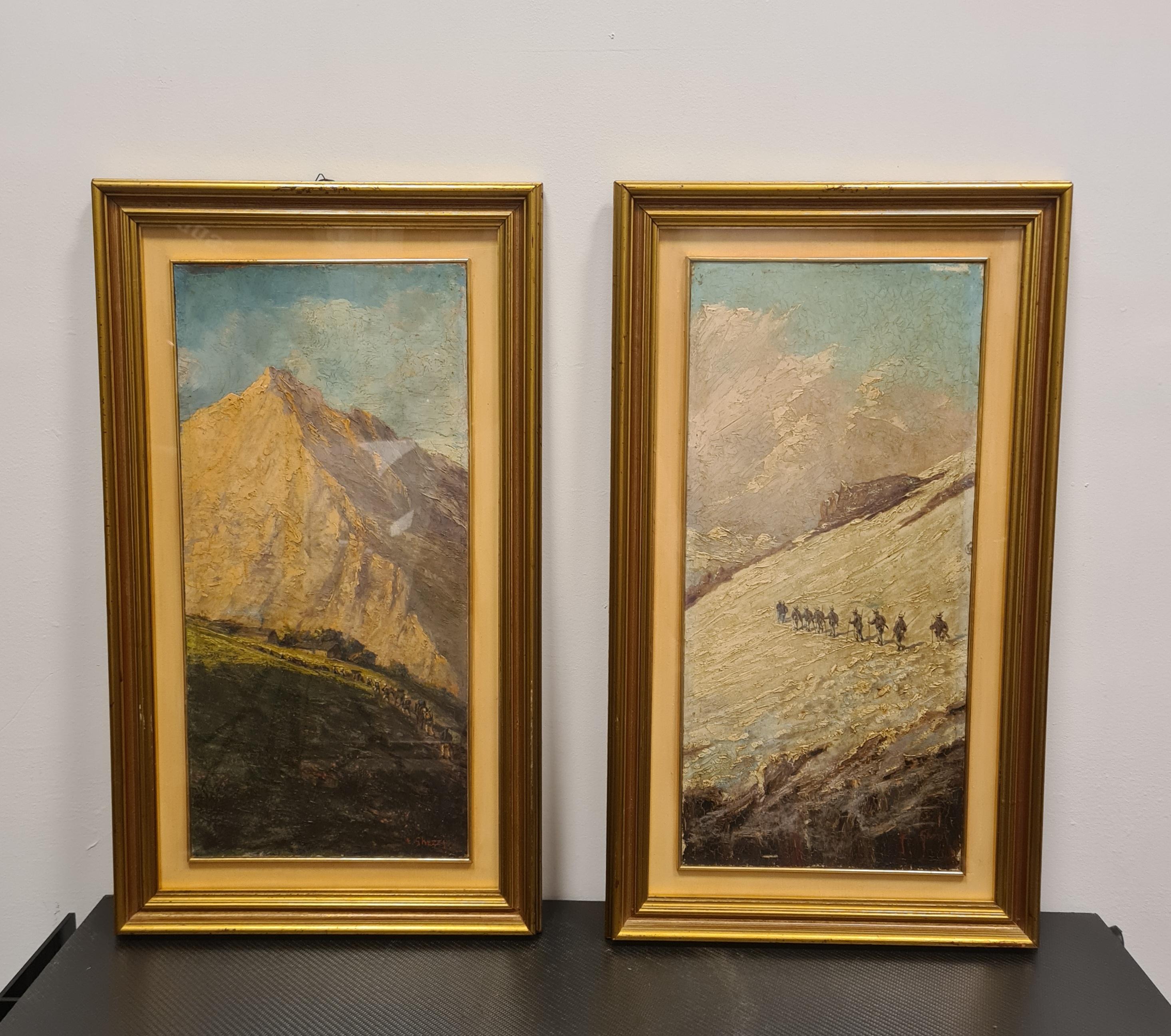 Pair of paintings depicting mountain landscape.

Two oil on panel paintings depicting roped parties of climbers probably walking the same mountain trail in winter and summer.

The summer picture has the imposing mountain still snow-capped as a