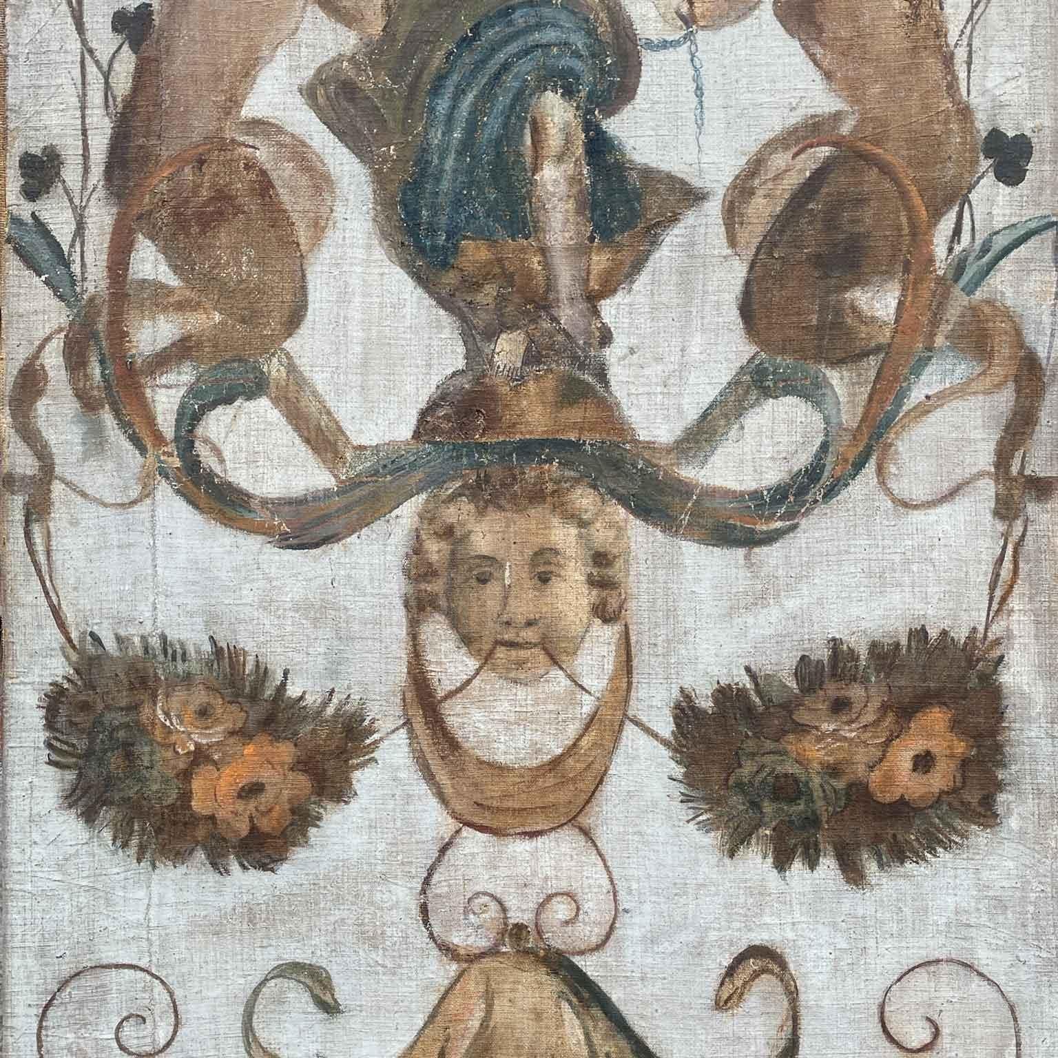 Coppia di originali tele decorative, Pannelli italiani Dipinti Con Grottesche Fine 1800, di forma  verticale, dipinti policromi a tempera su tela giuntata da una cucitura verticale in entrambi i pannelli. Questa coppia di tele dipinte con grottesche