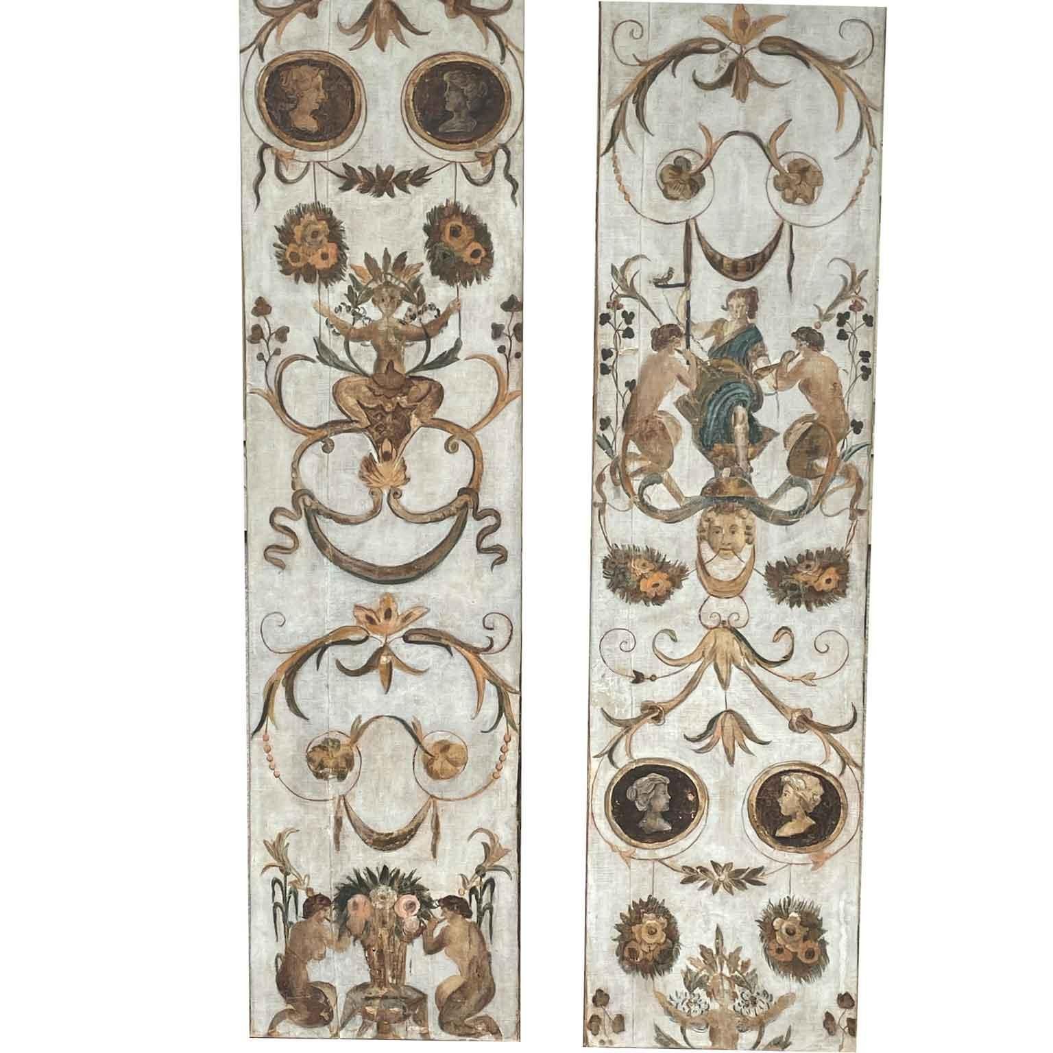 Coppia Di Pannelli Italiani Dipinti Con Grottesche Rinascimentali 1800 1