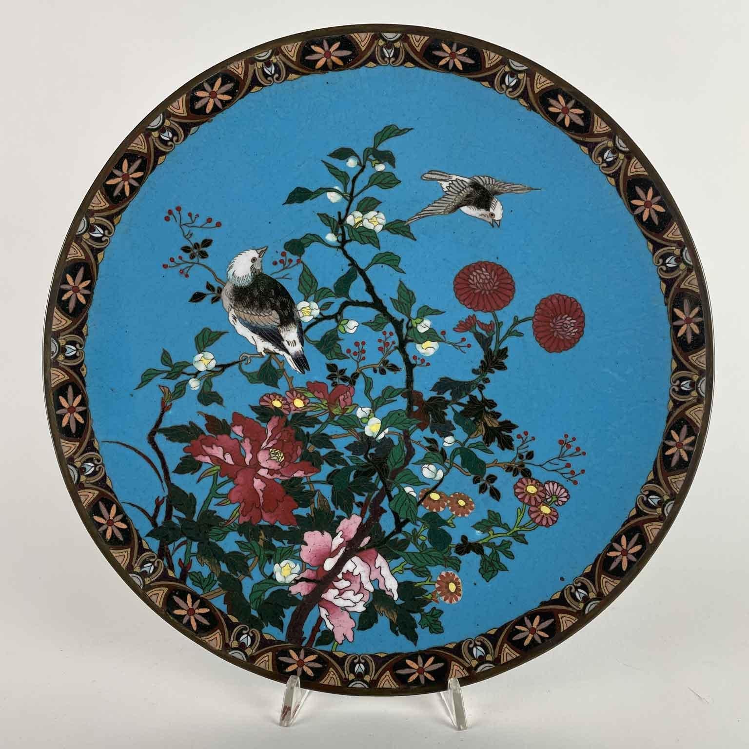 Pair Of Japanese Cloisonne Plates Flowers On Turquoise Background Meiji Period For Sale 4