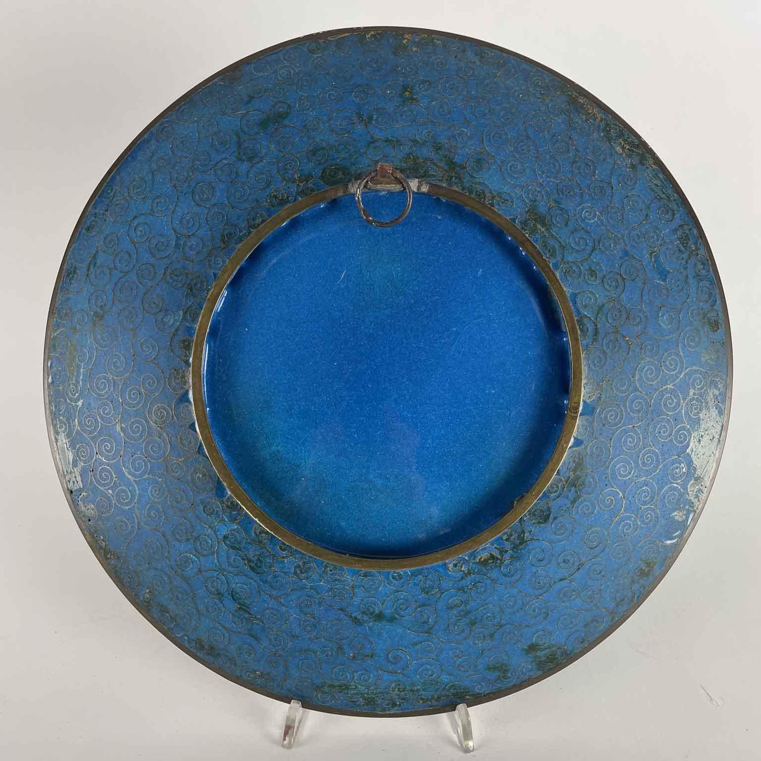 Pair Of Japanese Cloisonne Plates Flowers On Turquoise Background Meiji Period For Sale 8