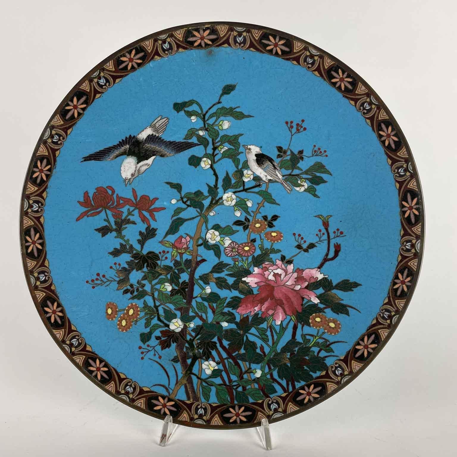 Pair Of Japanese Cloisonne Dishes Meiji Period 1868-1912 with turquoise bottom, in good condition. On the perimeter, a circular border of 1.7 cm  dark background composed of geometric frames and mustard-colored flowers; the rich floral decoration