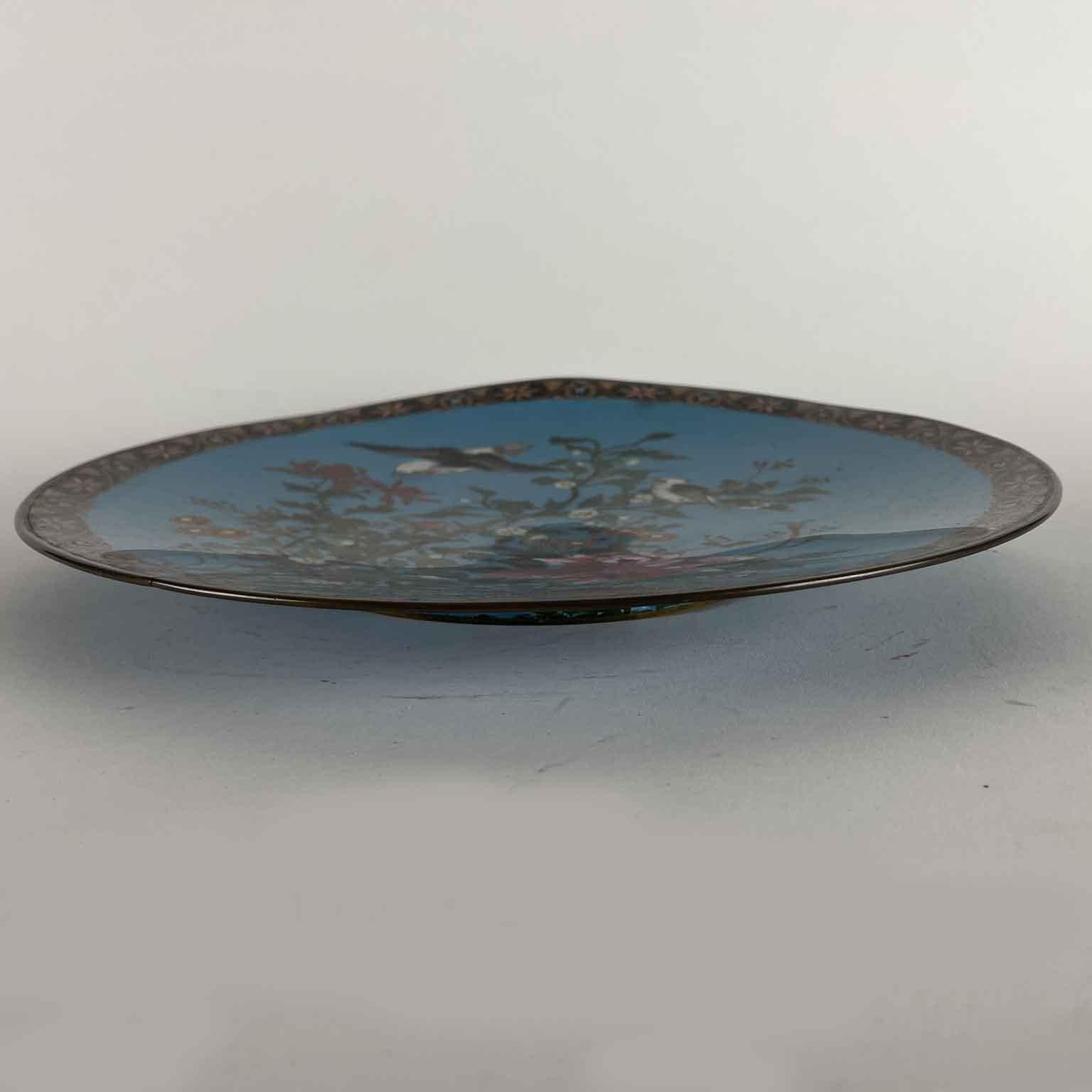 Pair Of Japanese Cloisonne Plates Flowers On Turquoise Background Meiji Period For Sale 3