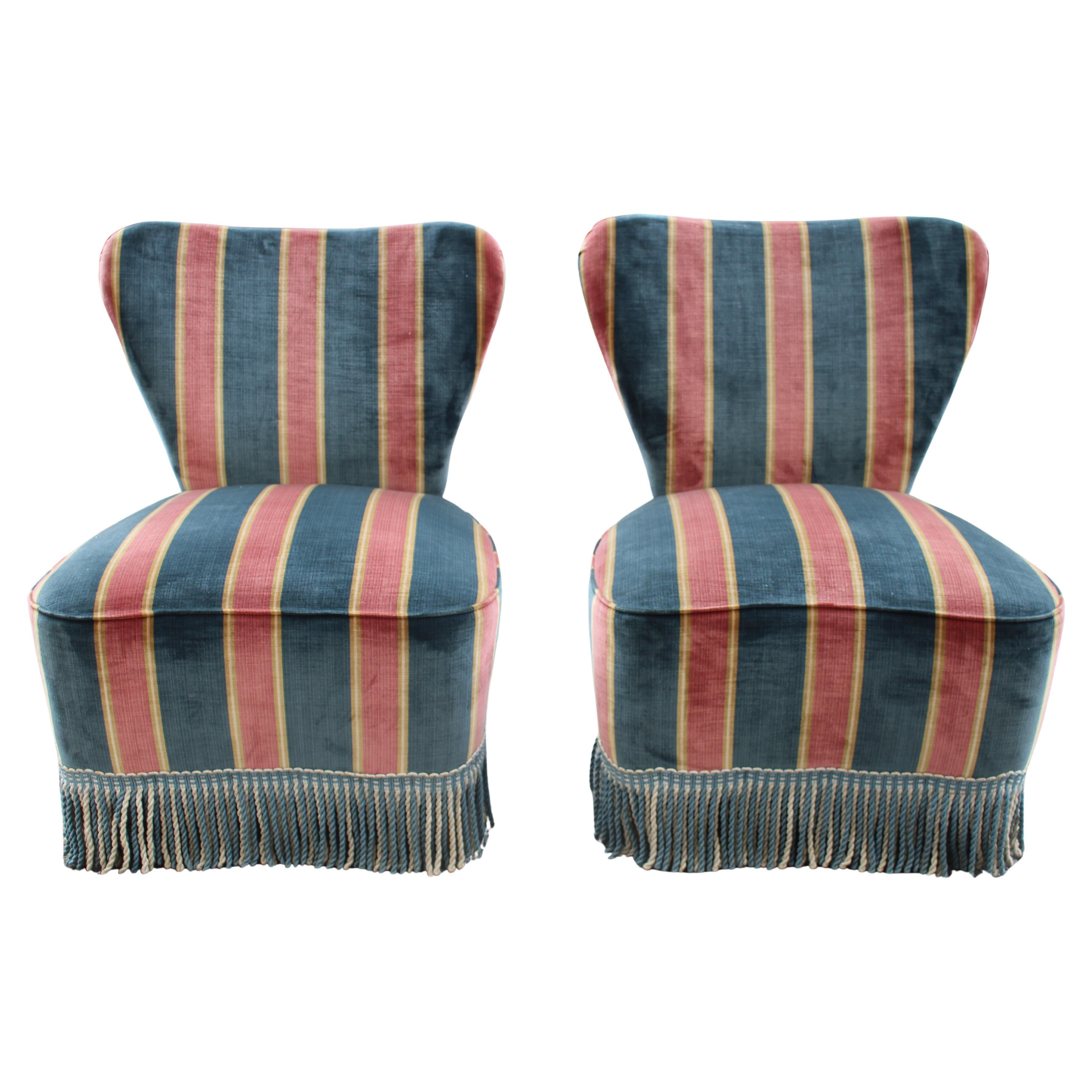 Pair of small bedroom armchairs Paolo Buffa Style striped fabric