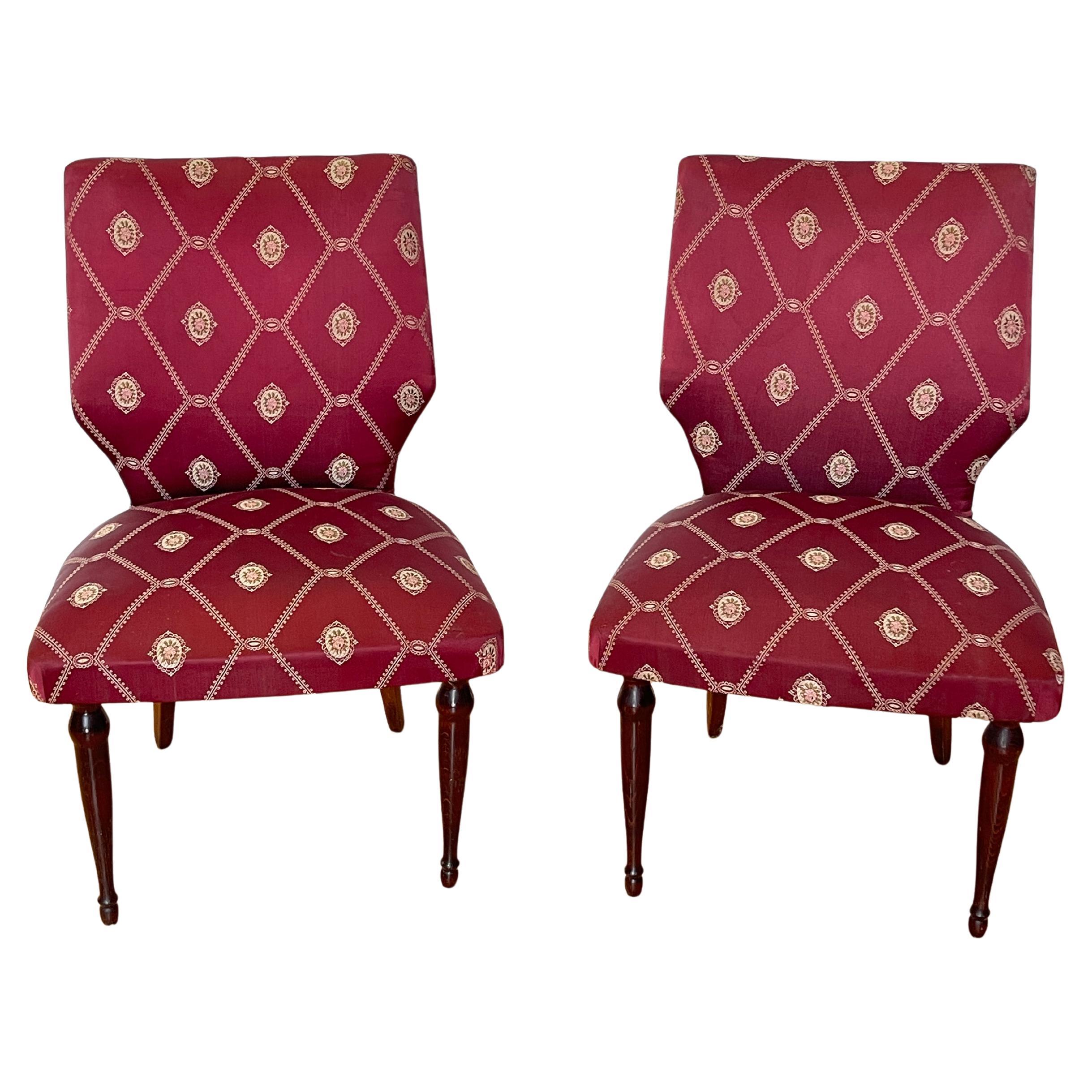 Pair of Small Chairs with Bordeaux Upholstery and Dark Wooden Legs