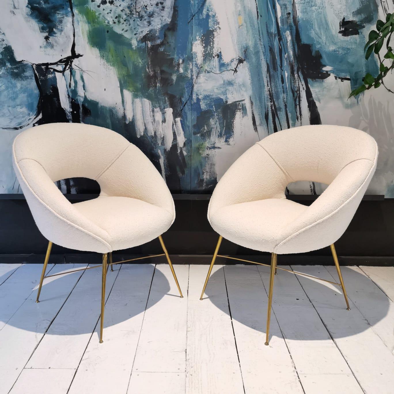 this pair of armchairs by Silvio Cavatorta were used both as bedroom armchairs and as living room armchairs.
They can be purchased individually or in pairs.
They were reupholstered with a high-quality fabric 
The legs of the small armchair are made