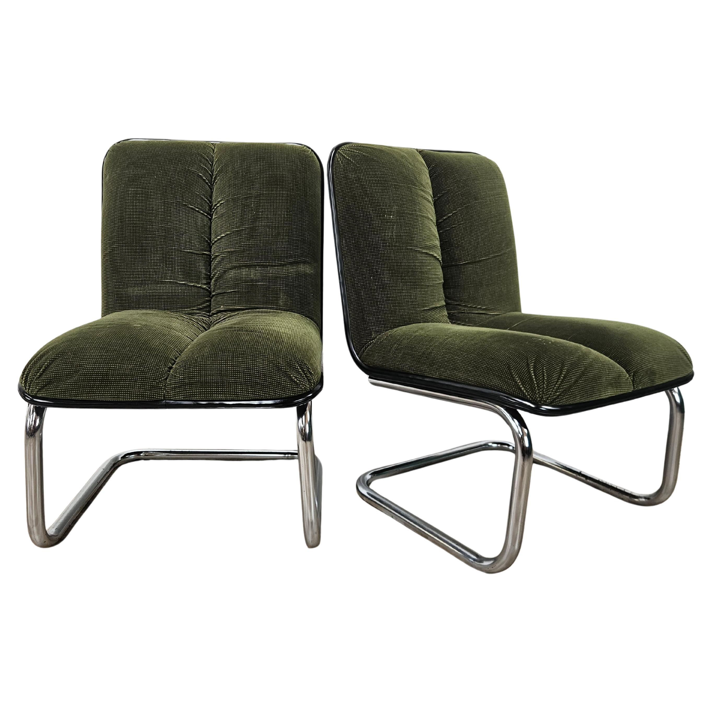 Pair of 1970s armchairs in chrome metal and green fabric by Cazzaro For Sale