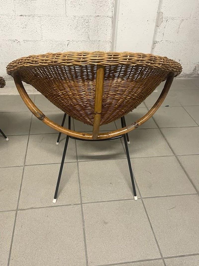 Pair of woven wicker armchairs from the 1950s For Sale 6
