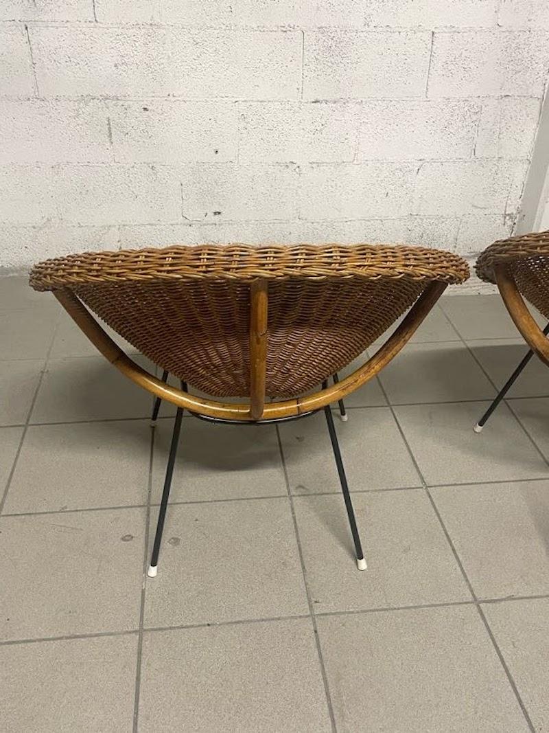 Pair of woven wicker armchairs from the 1950s For Sale 7
