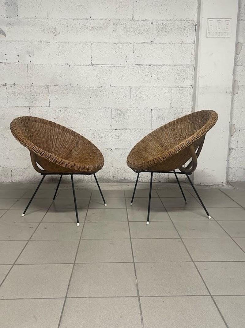 Pair of woven wicker armchairs from the 1950s In Good Condition For Sale In SAN PIETRO MOSEZZO, NO