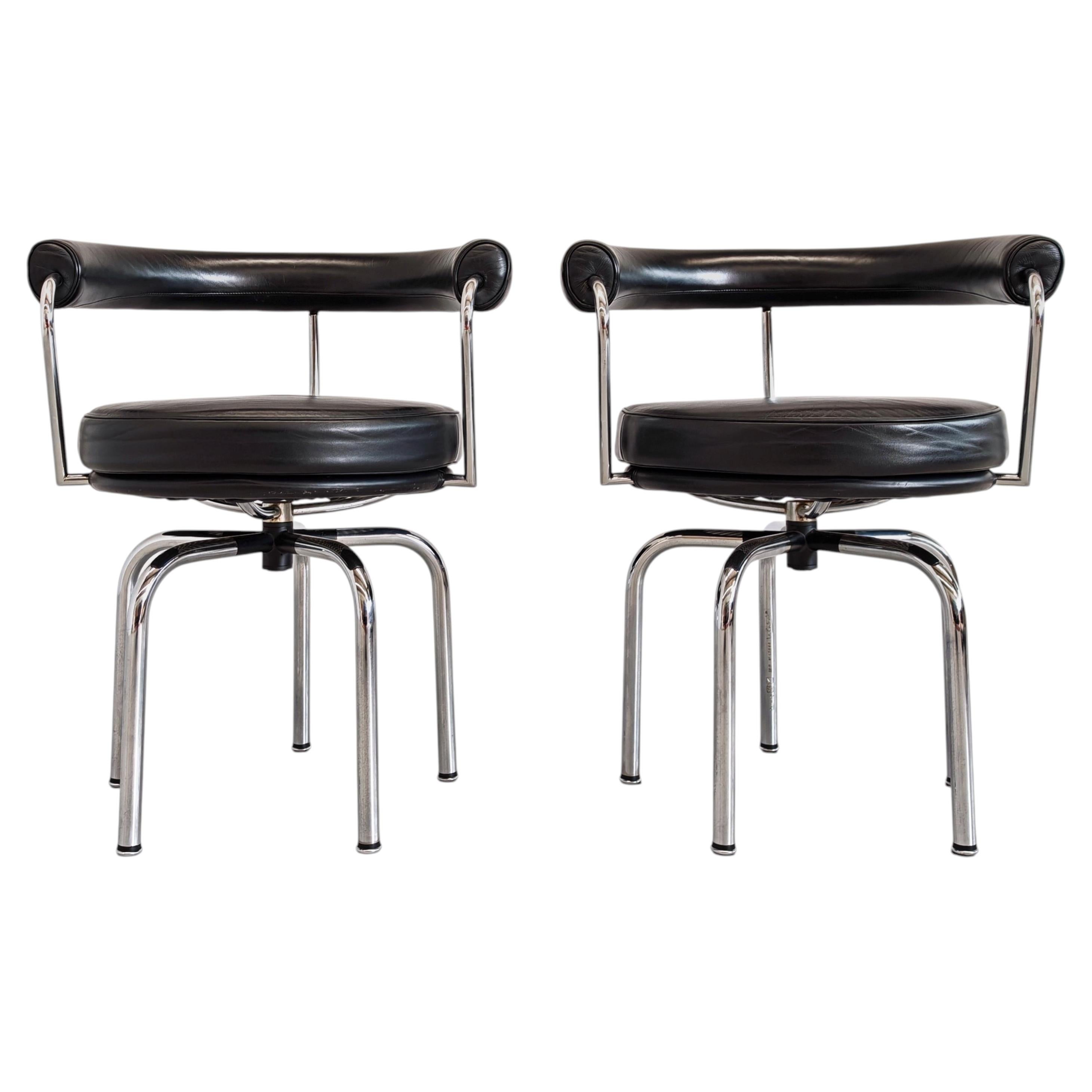 Pair of LC7 C Perriand Armchairs for Cassina Black Leather 1970s numbered For Sale