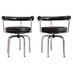 Pair of LC7 C Perriand Armchairs for Cassina Black Leather 1970s numbered