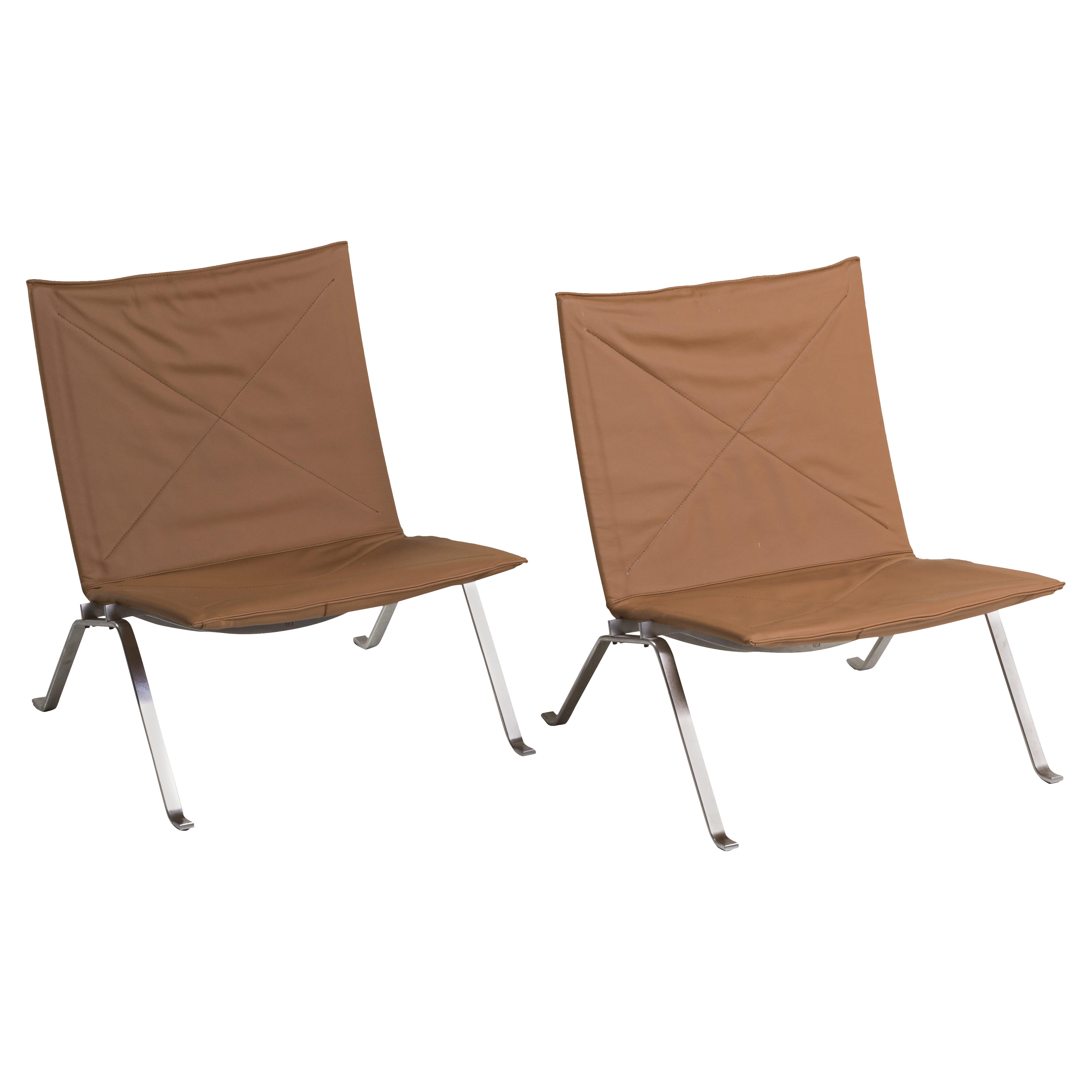Pair of 1st edition PK22 cognac leather armchairs Poul Kjærholm for EKC, 70's
