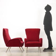 Pair of 1950s Armchairs in Red Fabric