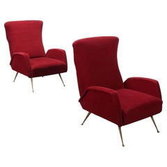 Vintage Pair of 1950s Armchairs in Red Fabric