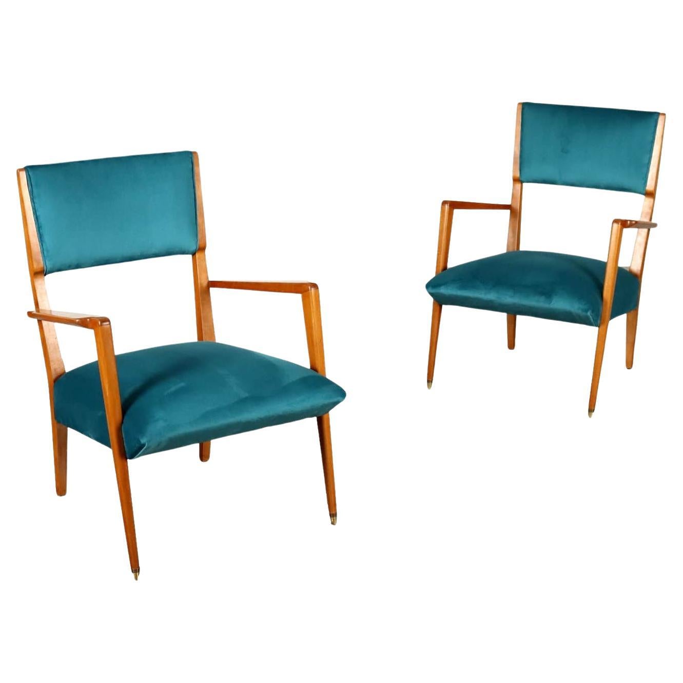 Paire de fauteuils en velours turquoise des années 1950