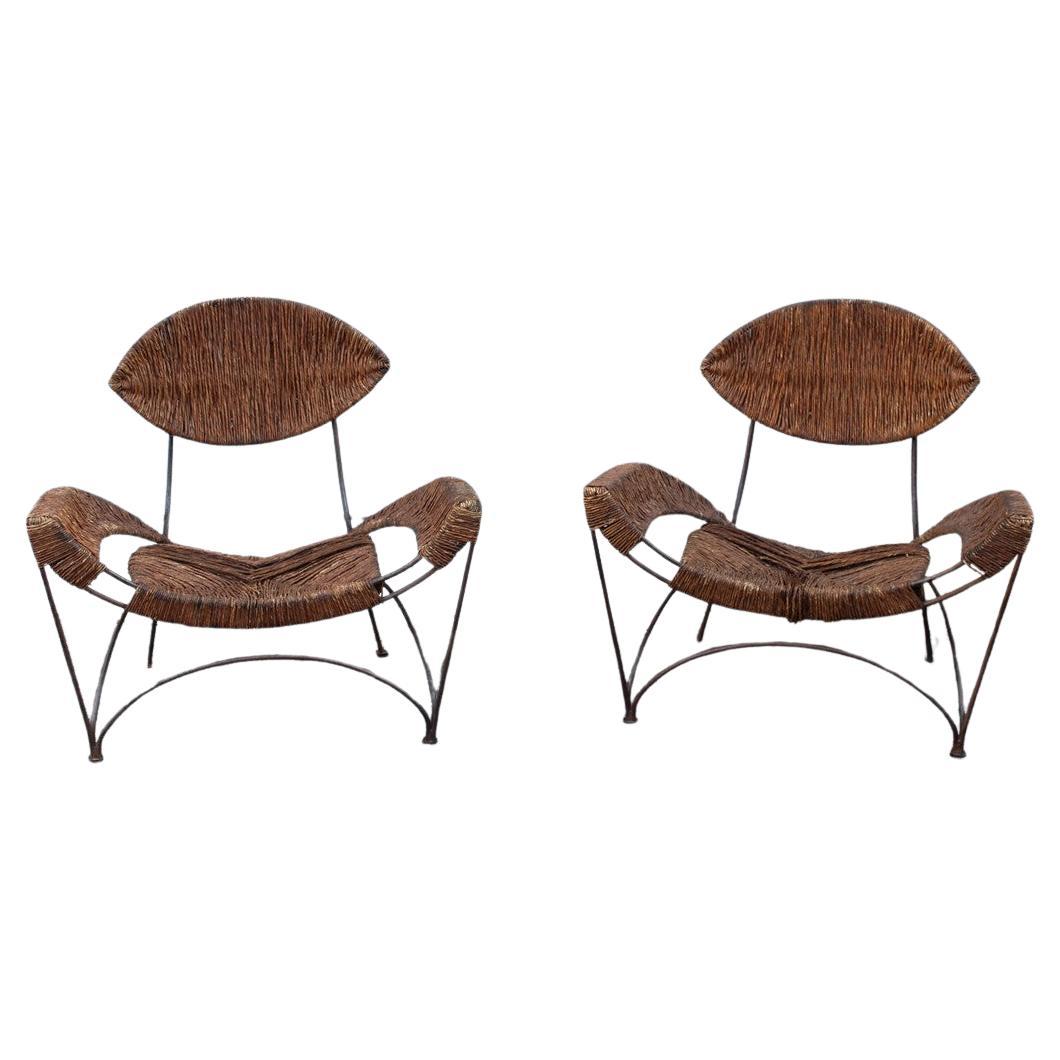 Coppia di Poltrone Cappellini Tom Dixon Banana Metallo e paglia Italia 1980